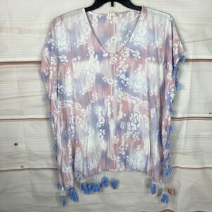 Surf Gypsy Cover Up Womens L Blue Pink Floral V-Neck Tassels Pullover Woven